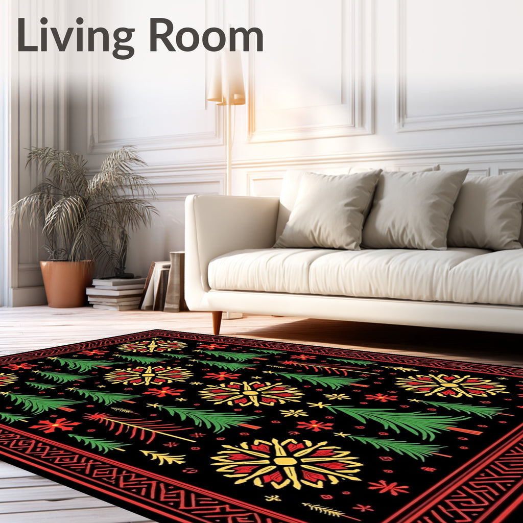Folk Art Red Yellow Green Trees Rug