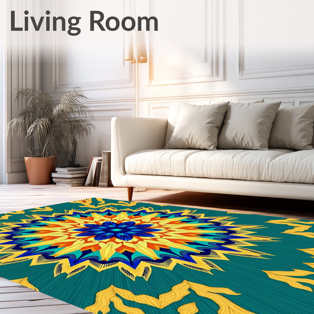 Vibrant Teal Yellow Blue Floral Mandala Rug