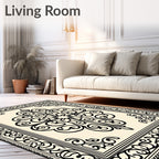 Ornate Ivory Black Scrollwork Medallion Rug