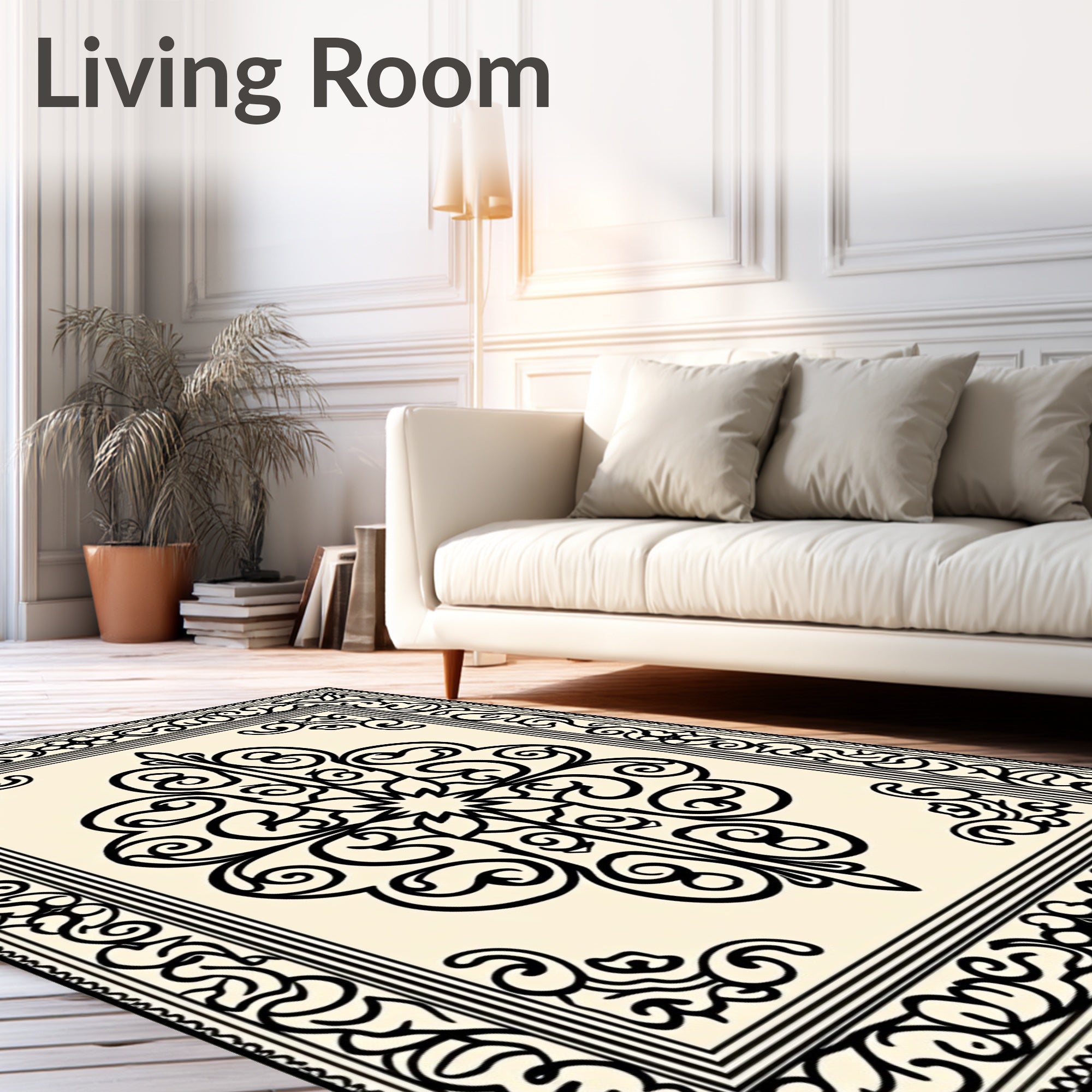 Ornate Ivory Black Scrollwork Medallion Rug