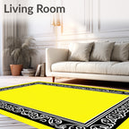 Black White Ornate Yellow Border Rug