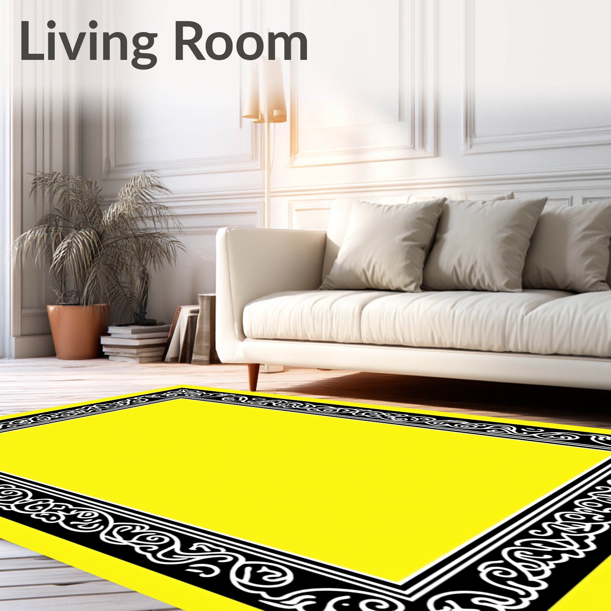 Black White Ornate Yellow Border Rug