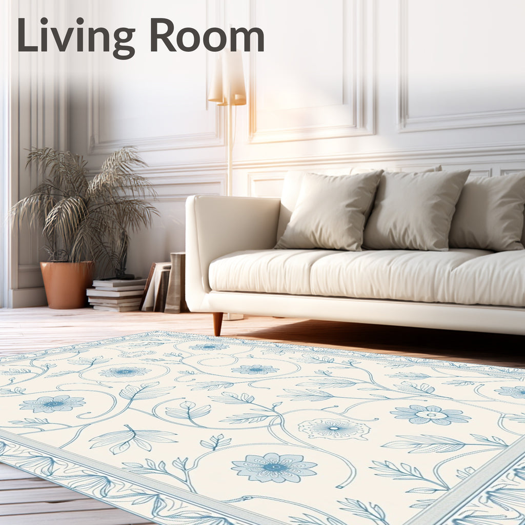 Vintage Blue Floral Scroll Medallion Rug