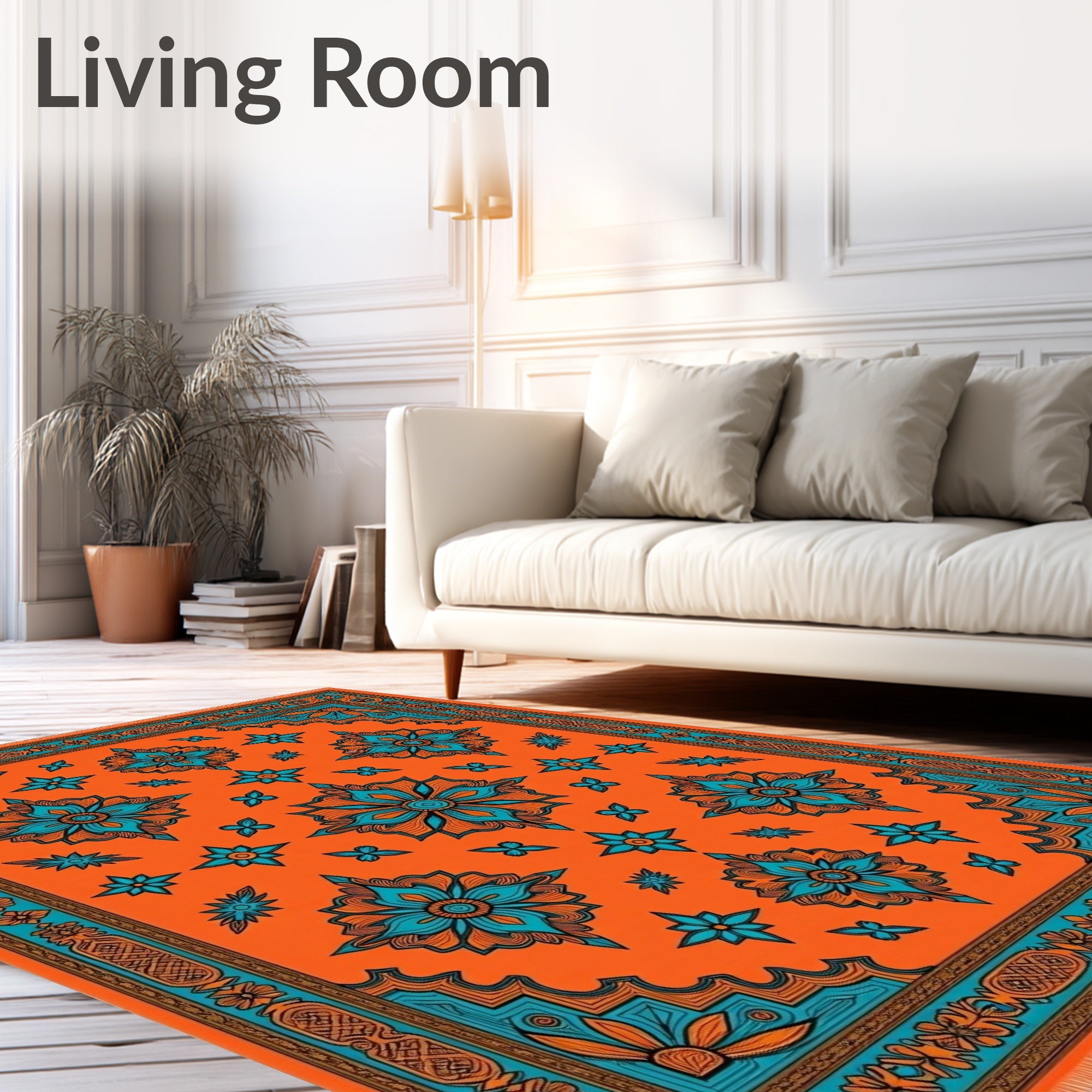 Orange Teal Floral Bloom Medallion Rug