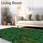 Festive Green Gold Branch Berry Stars Rug