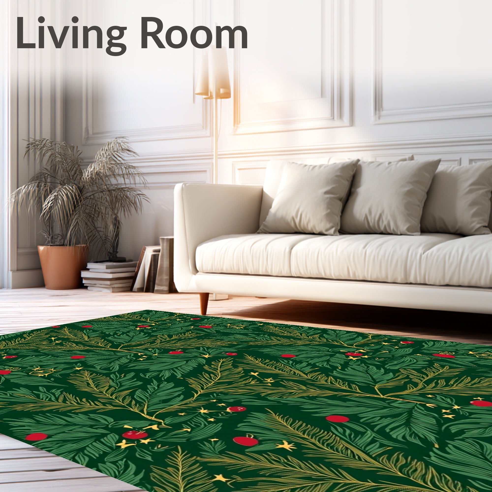 Festive Green Gold Branch Berry Stars Rug