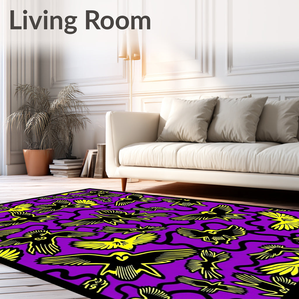 Vibrant Yellow Bird Flight Purple Background Rug