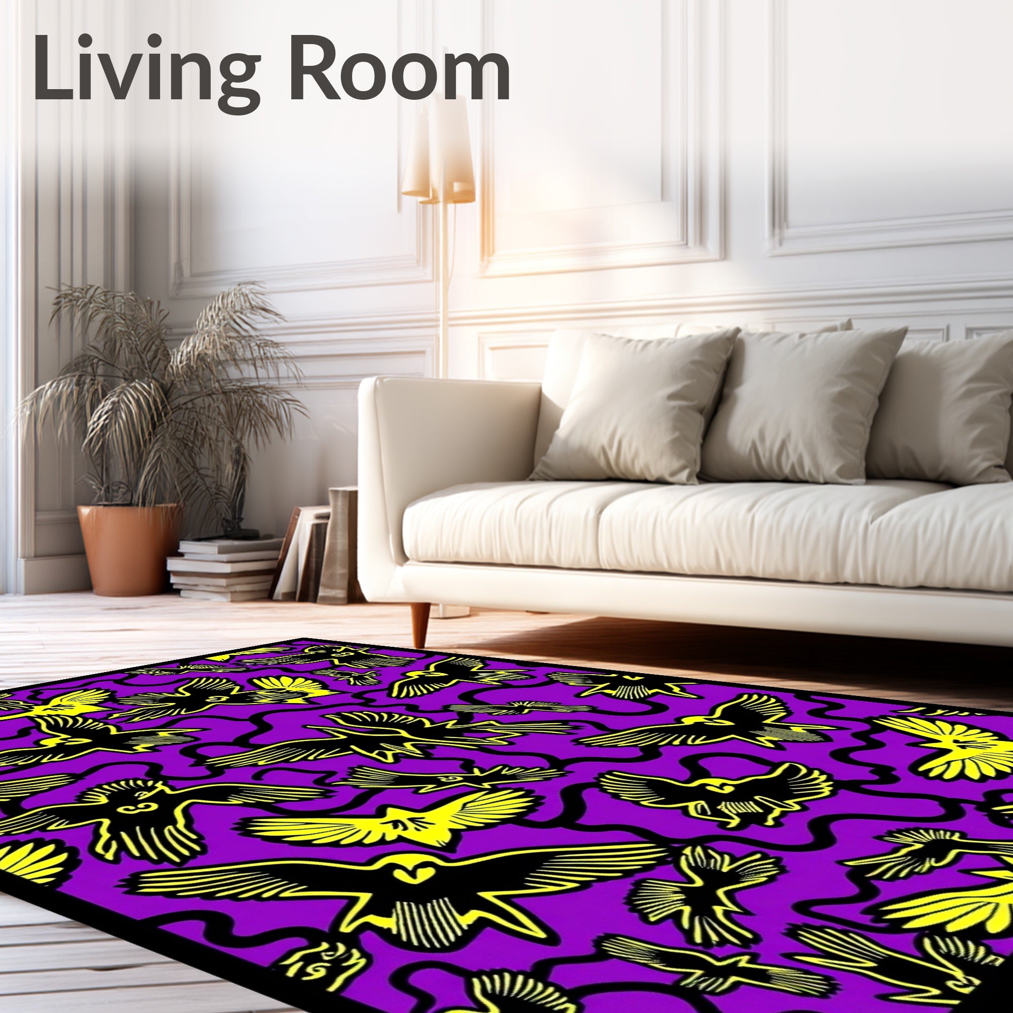 Vibrant Yellow Bird Flight Purple Background Rug