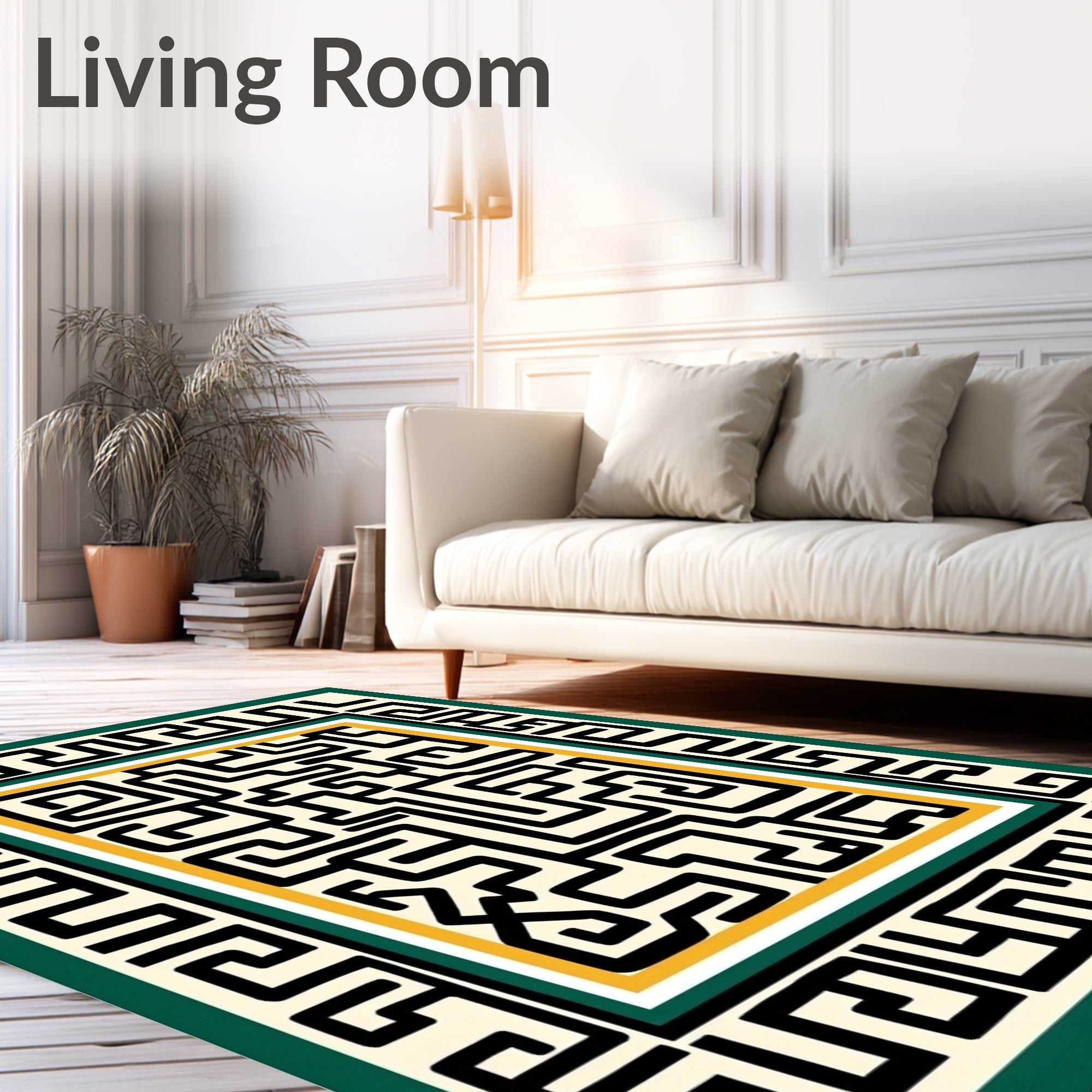 Black Geometric Maze Cream Border Rug