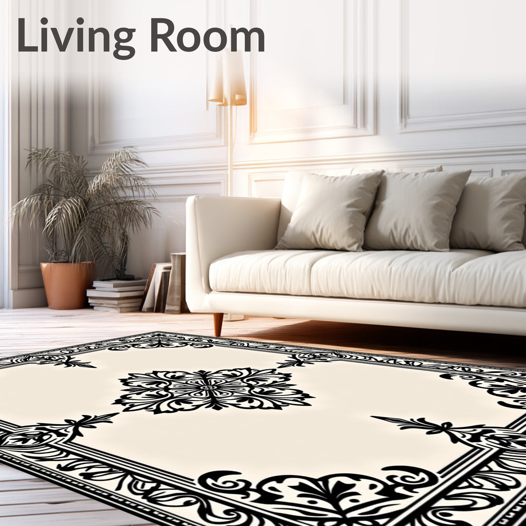Black Ivory Ornate Floral Medallion Frame Rug