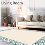 Ornate Teal Floral Scroll Border Rug