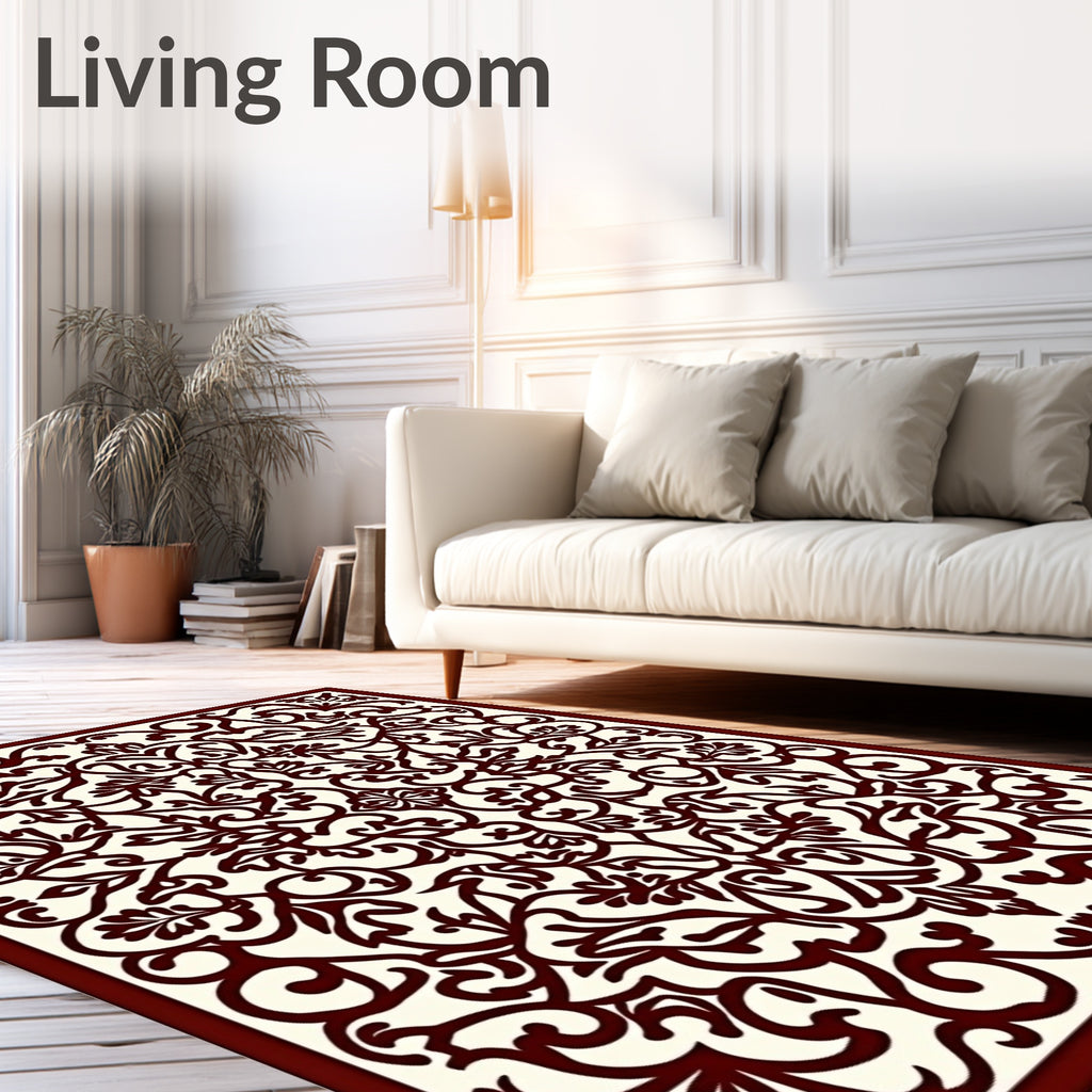 Deep Red Ivory Intricate Swirl Rug
