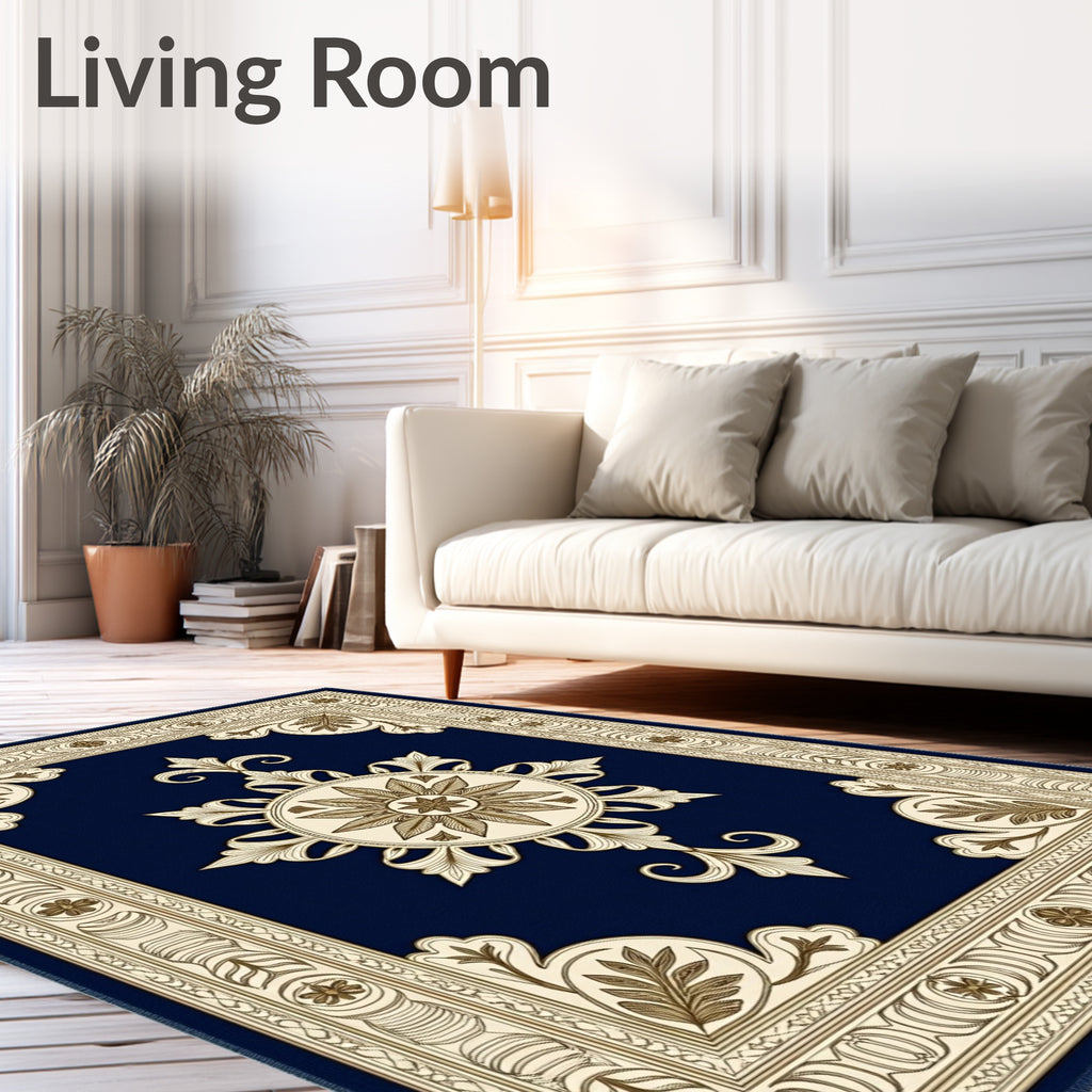 Classical Navy Gold Medallion Border Rug