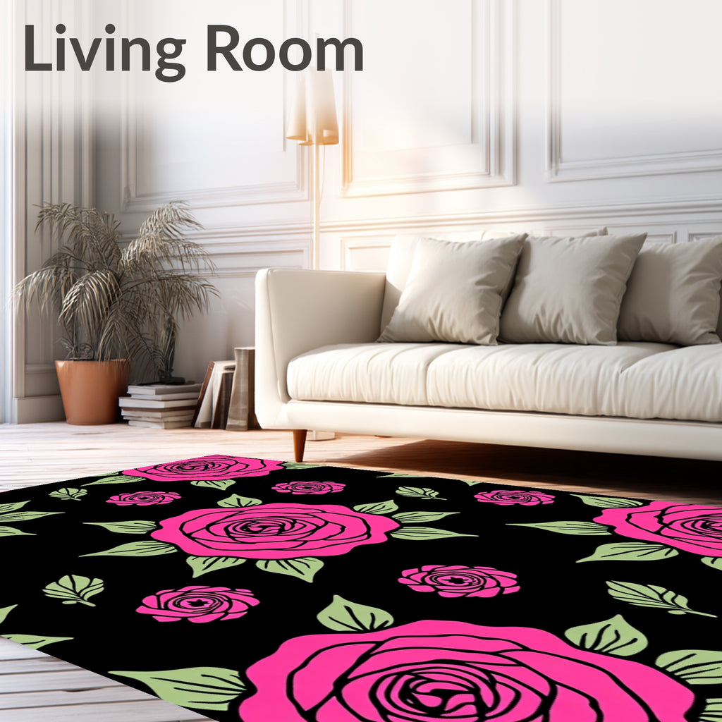 Hot Pink Rose Garden Black Rug