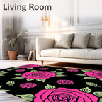 Hot Pink Rose Garden Black Rug