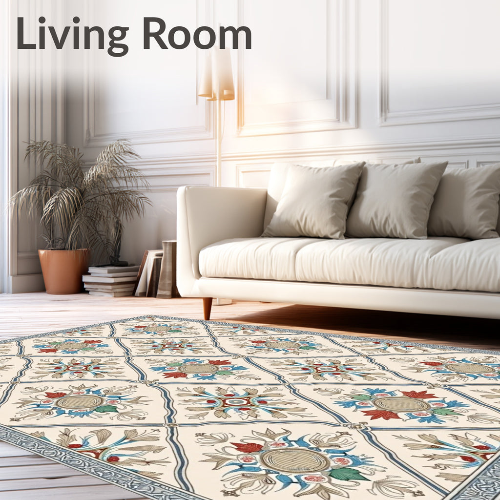 Cream Lattice Red Blue Garden Medallion Rug