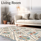 Cream Lattice Red Blue Garden Medallion Rug