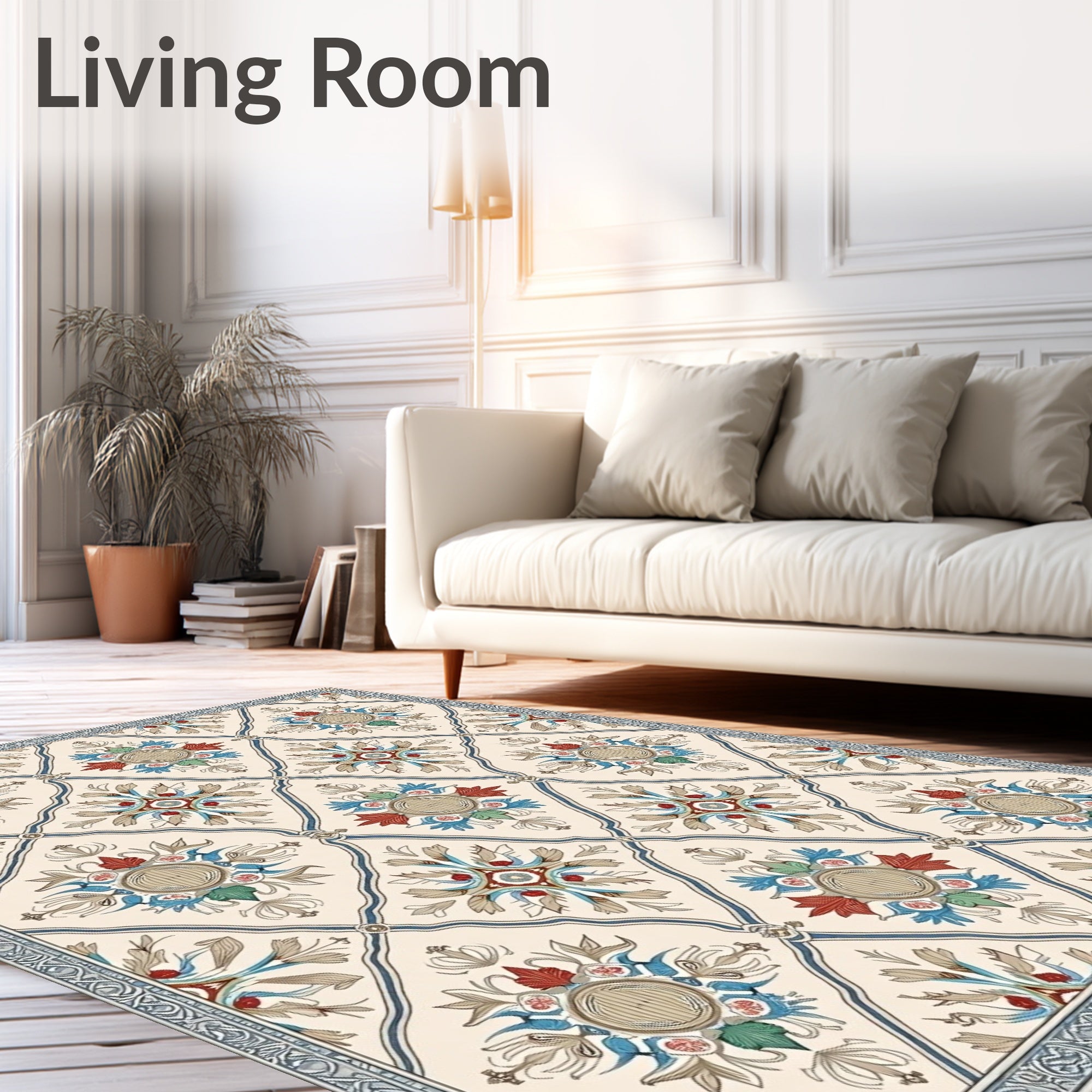 Cream Lattice Red Blue Garden Medallion Rug