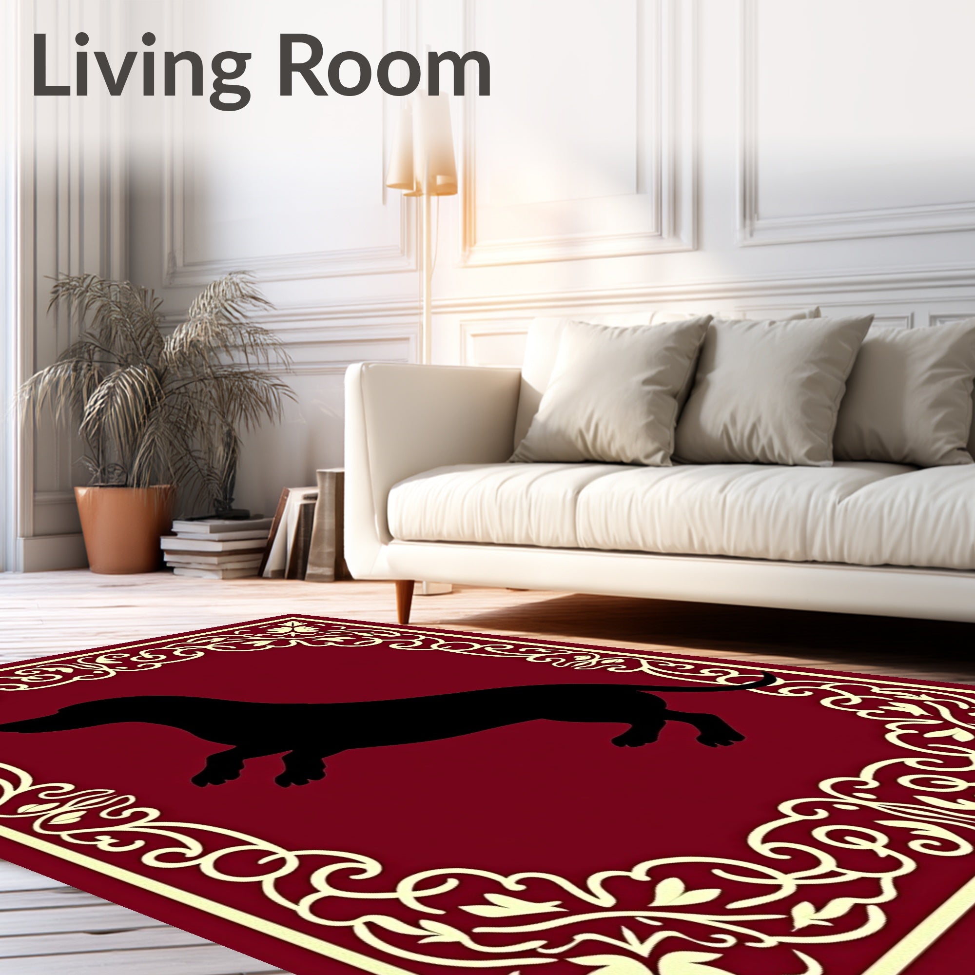 Crimson Floral Border Dog Silhouette Rug