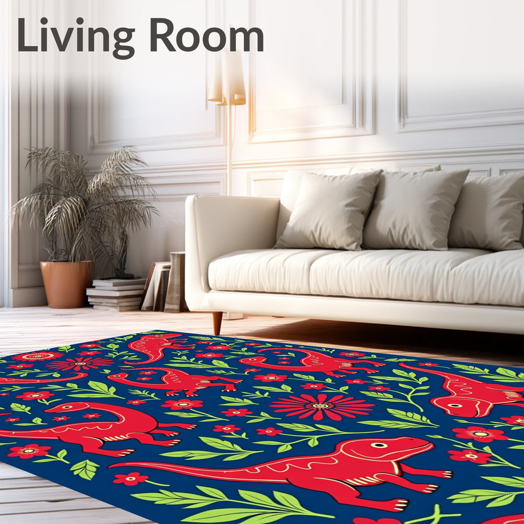 Red Dinosaur Floral Navy Scene Rug