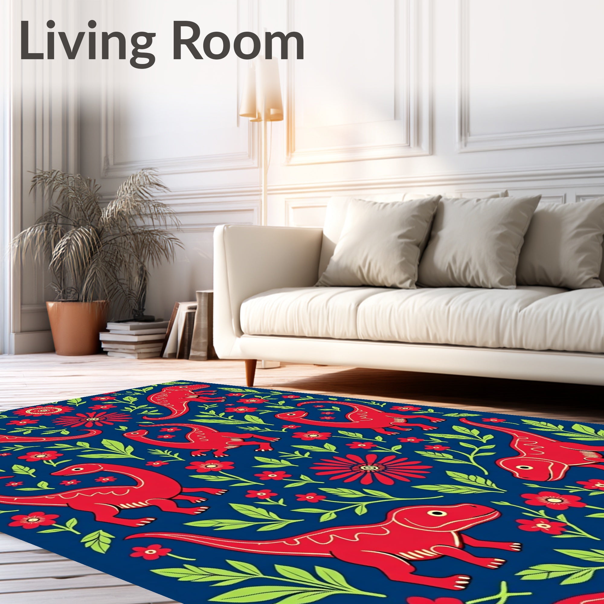Red Dinosaur Floral Navy Scene Rug