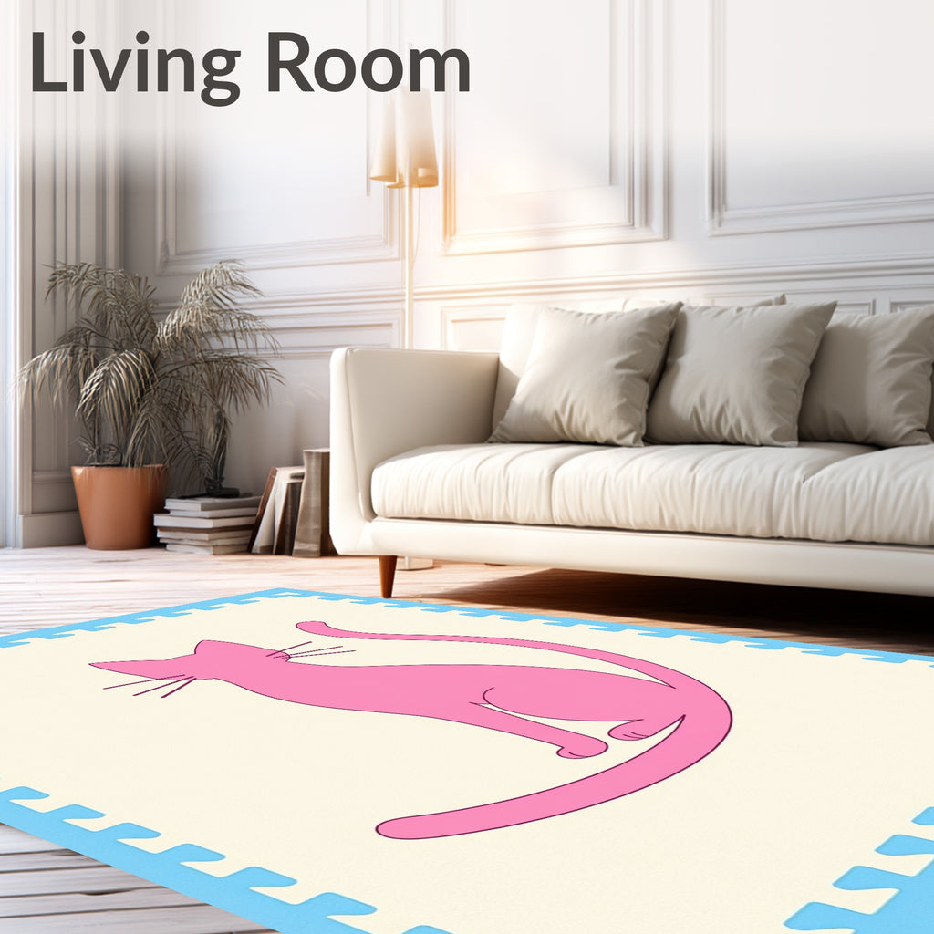 Bold Pink Cat Silhouette Cream Border Rug