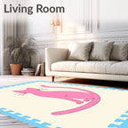 Bold Pink Cat Silhouette Cream Border Rug