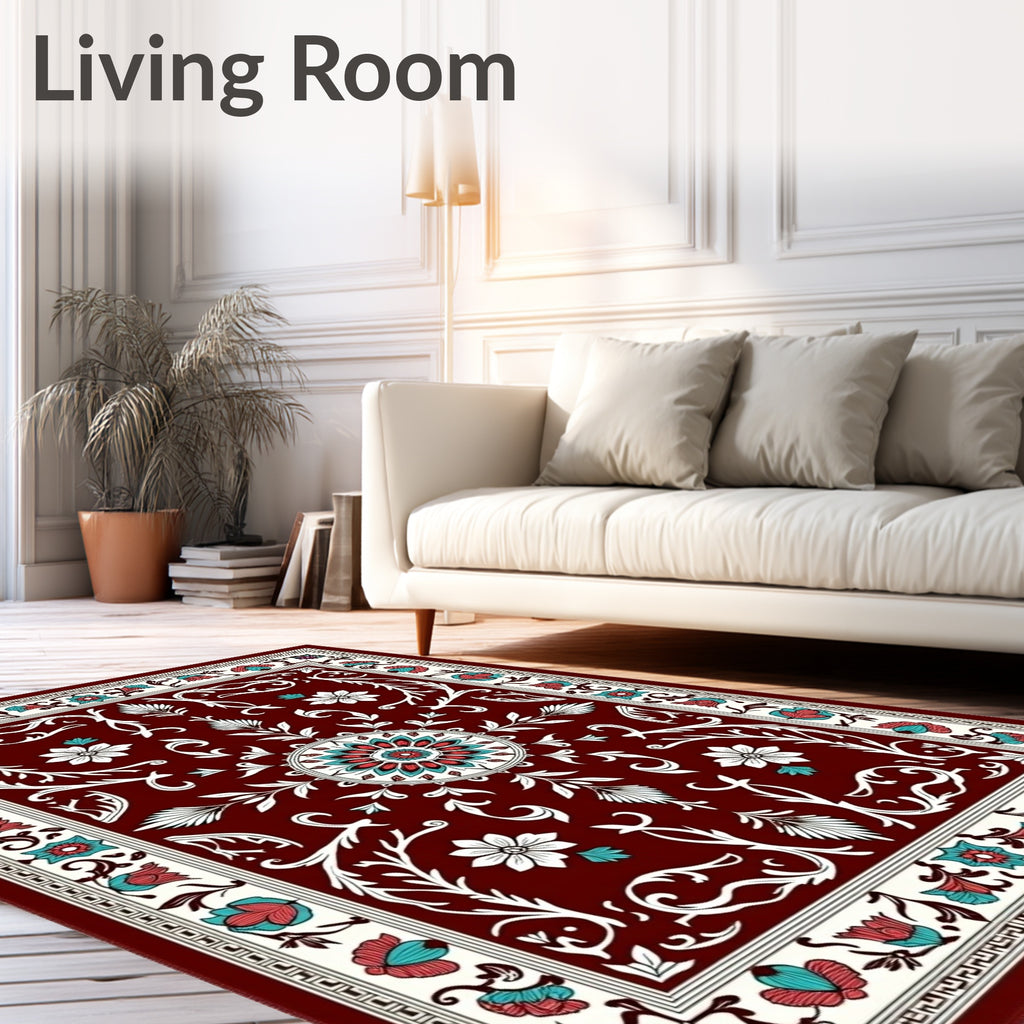 Crimson Floral Medallion Ivory Border Rug