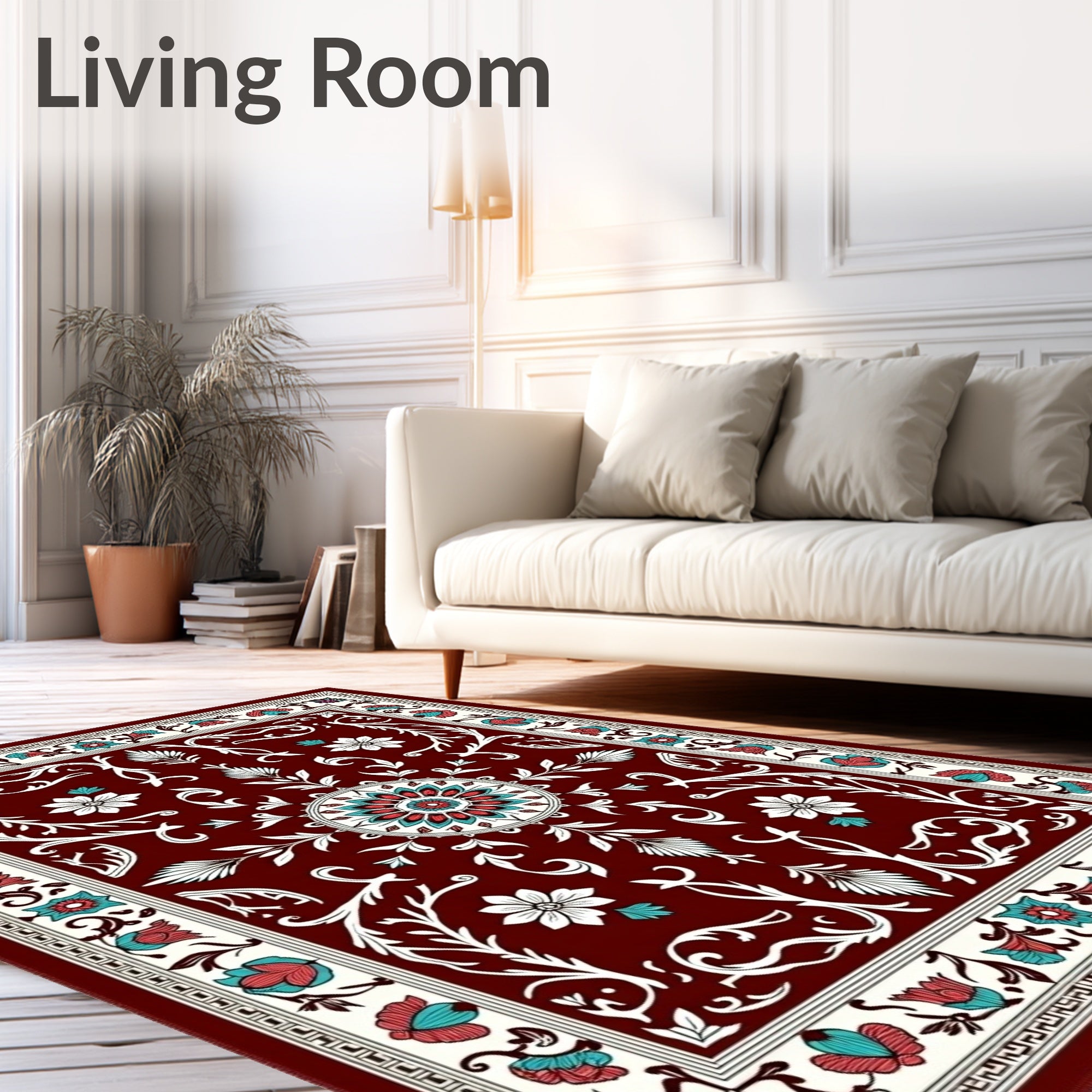 Crimson Floral Medallion Ivory Border Rug