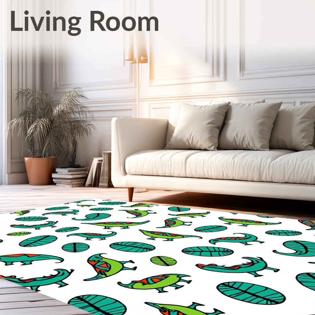 Turquoise Green Dinosaur Leaves Whimsical Rug