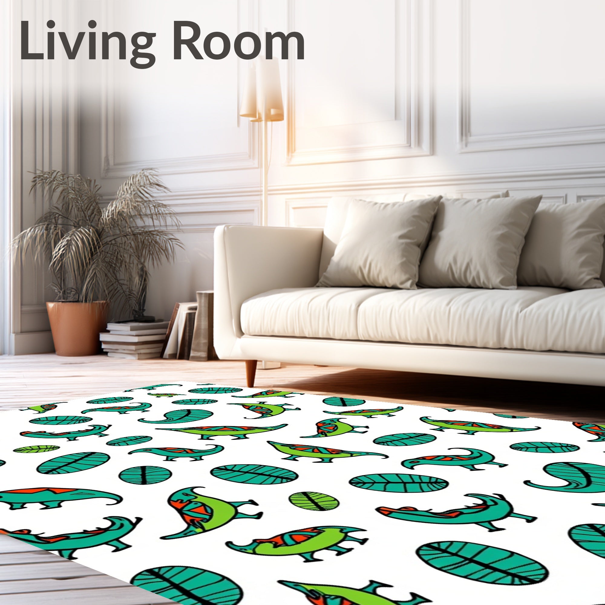 Turquoise Green Dinosaur Leaves Whimsical Rug