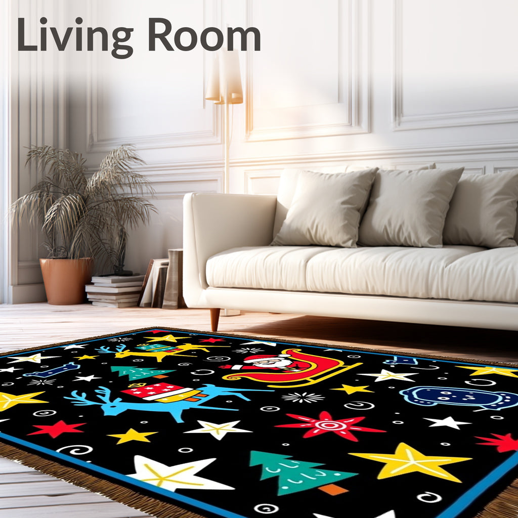 Whimsical Christmas Scene Santa Reindeer Stars Rug