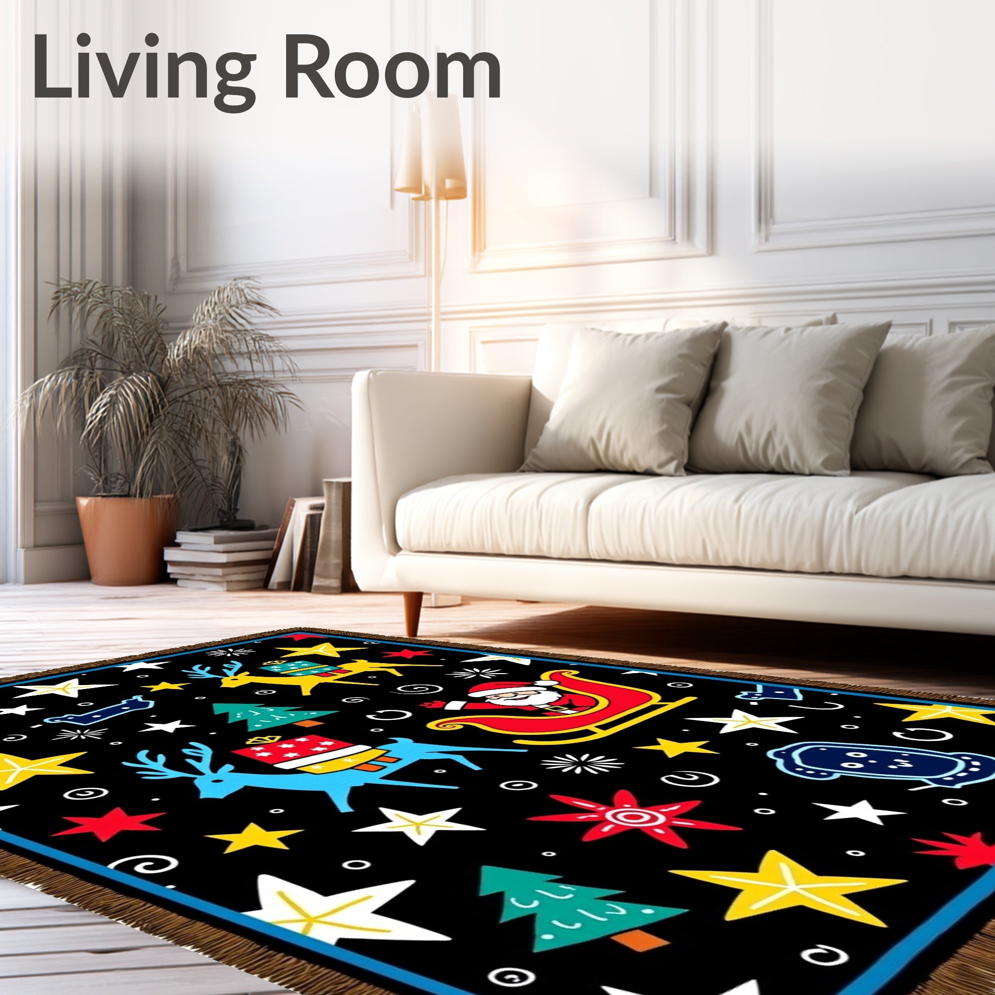 Whimsical Christmas Scene Santa Reindeer Stars Rug
