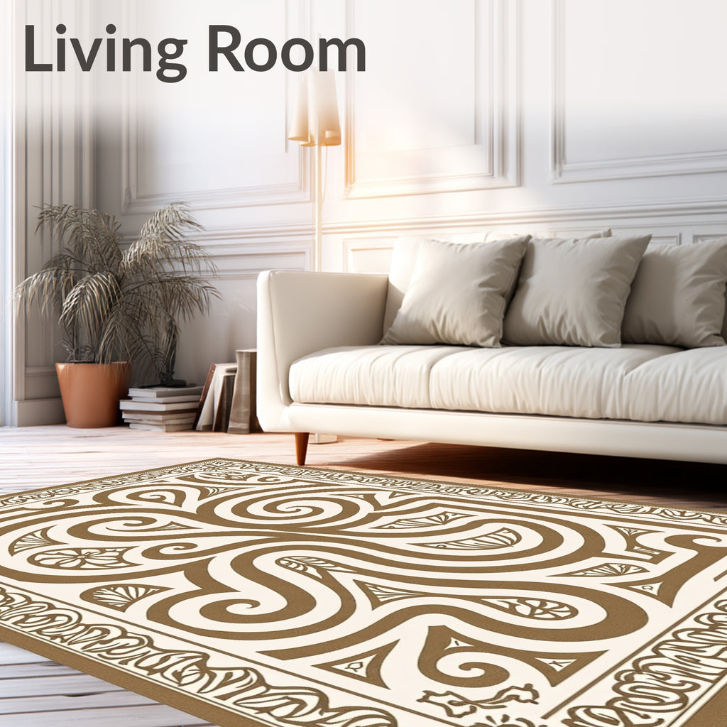 Cream Brown Swirling Filigree Scroll Rug
