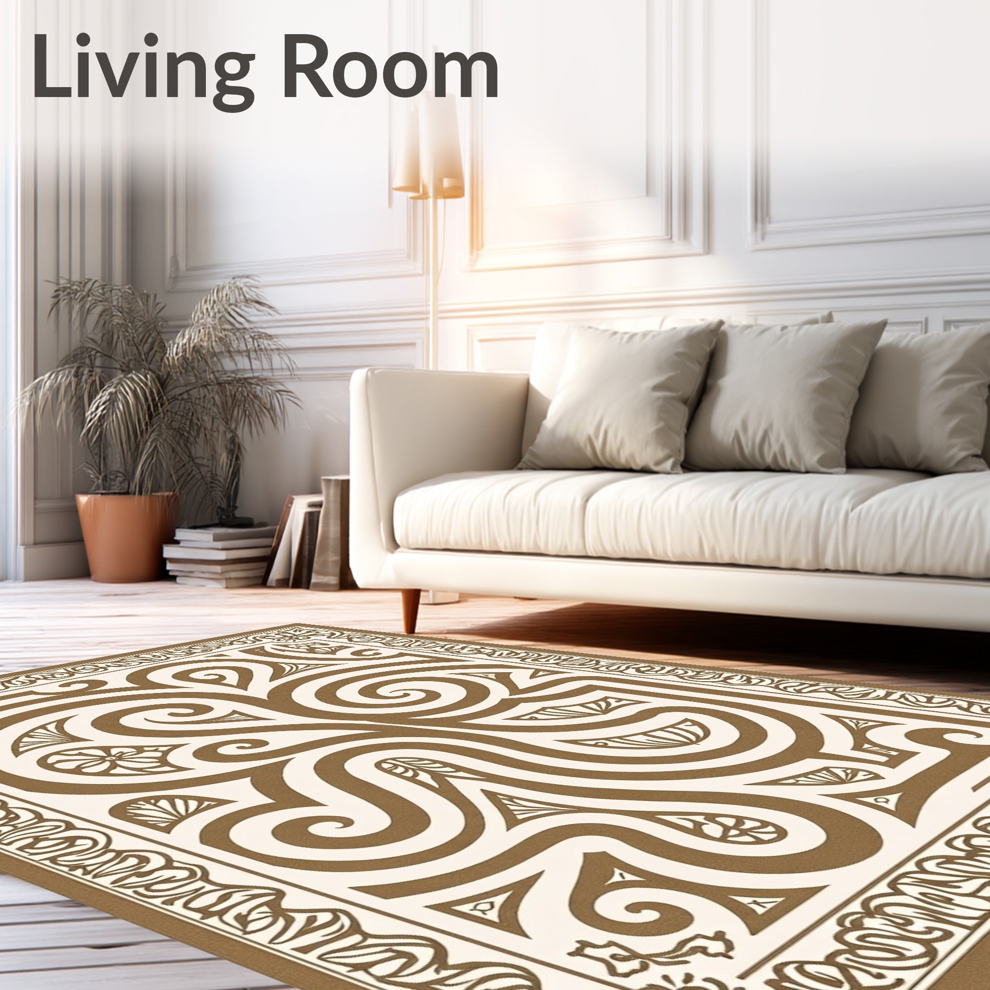 Cream Brown Swirling Filigree Scroll Rug