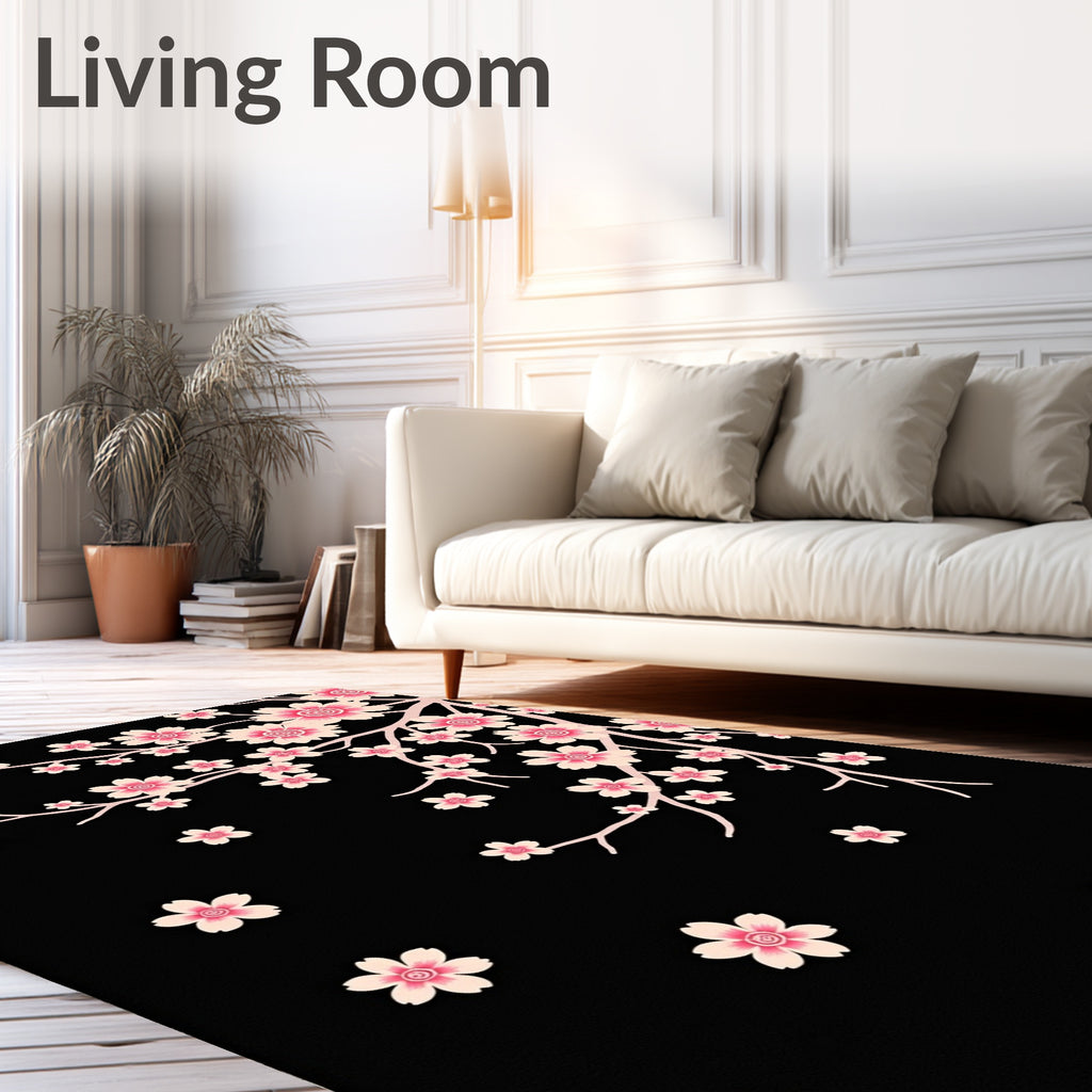 Pink Blossom Branches on Black Canvas Rug