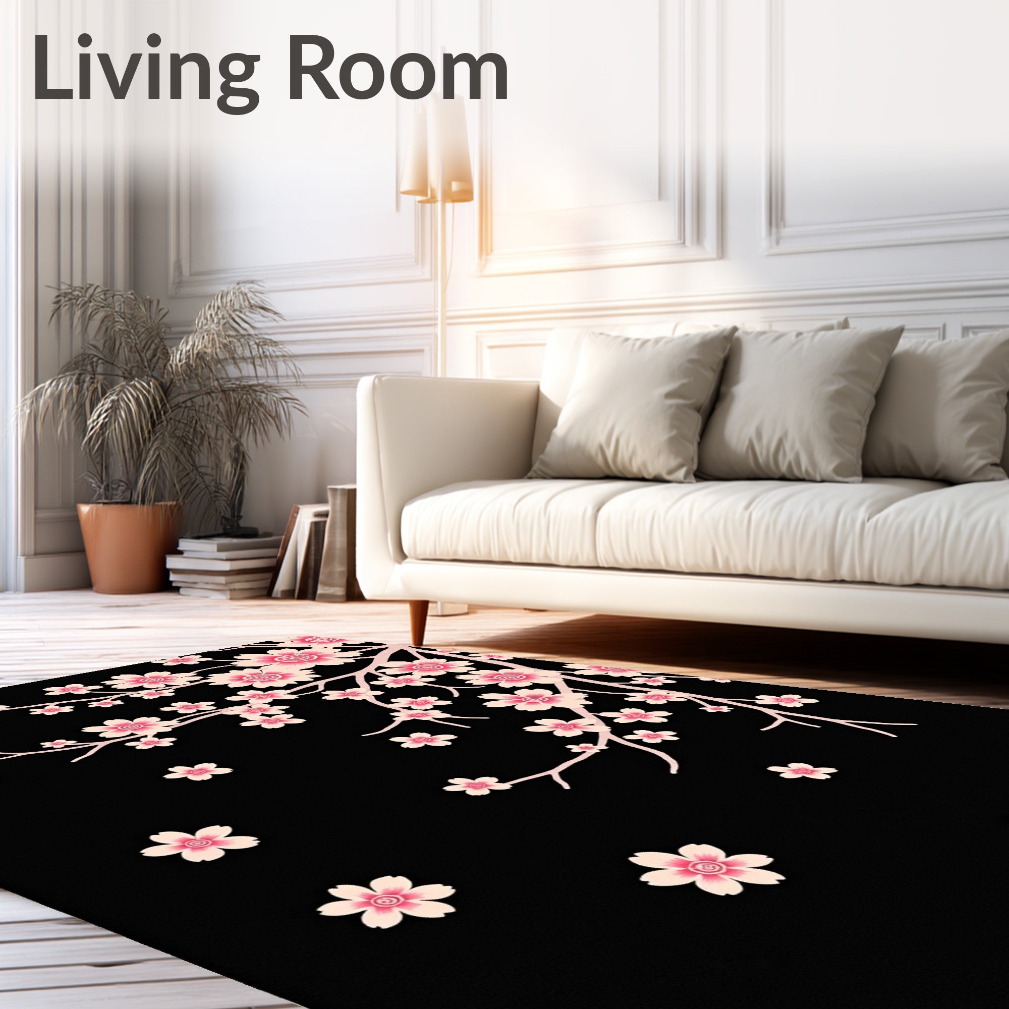Pink Blossom Branches on Black Canvas Rug