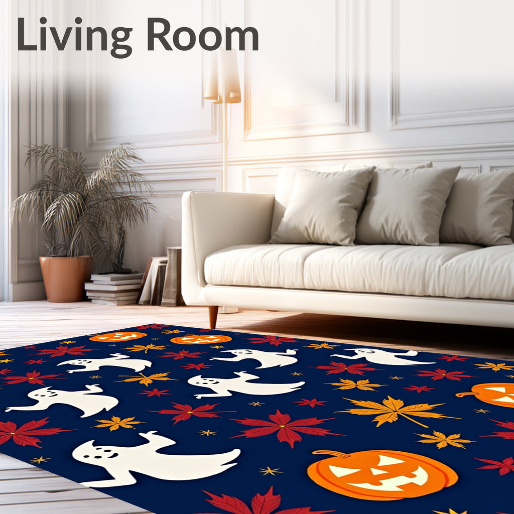 Spooky Orange Jack-o'-Lantern Ghost Leaves Rug