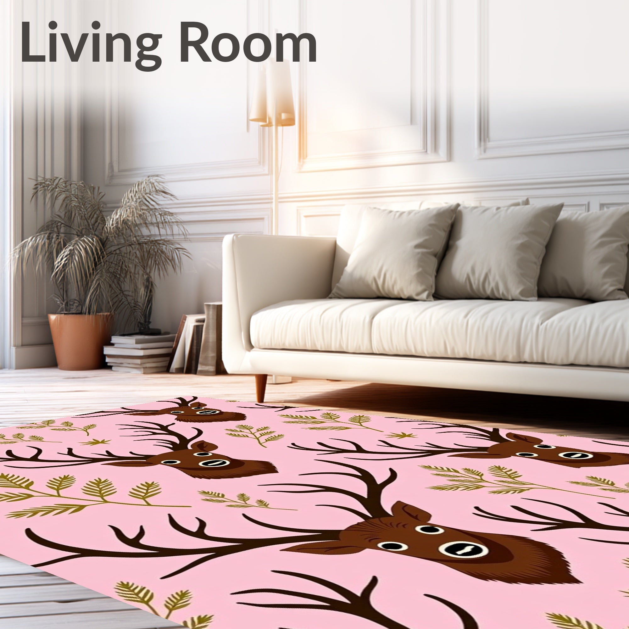 Whimsical Pink Deer and Fern Rug