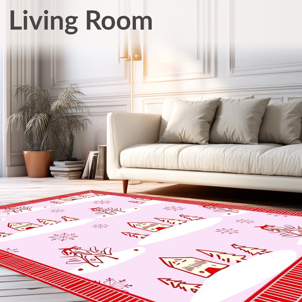 Whimsical Red Village Snowfall Rug