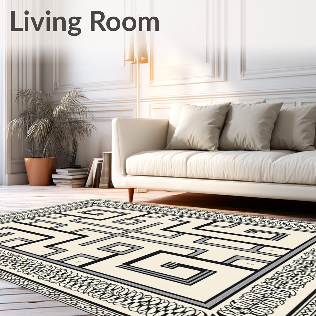 Modern Black White Geometric Labyrinth Rug