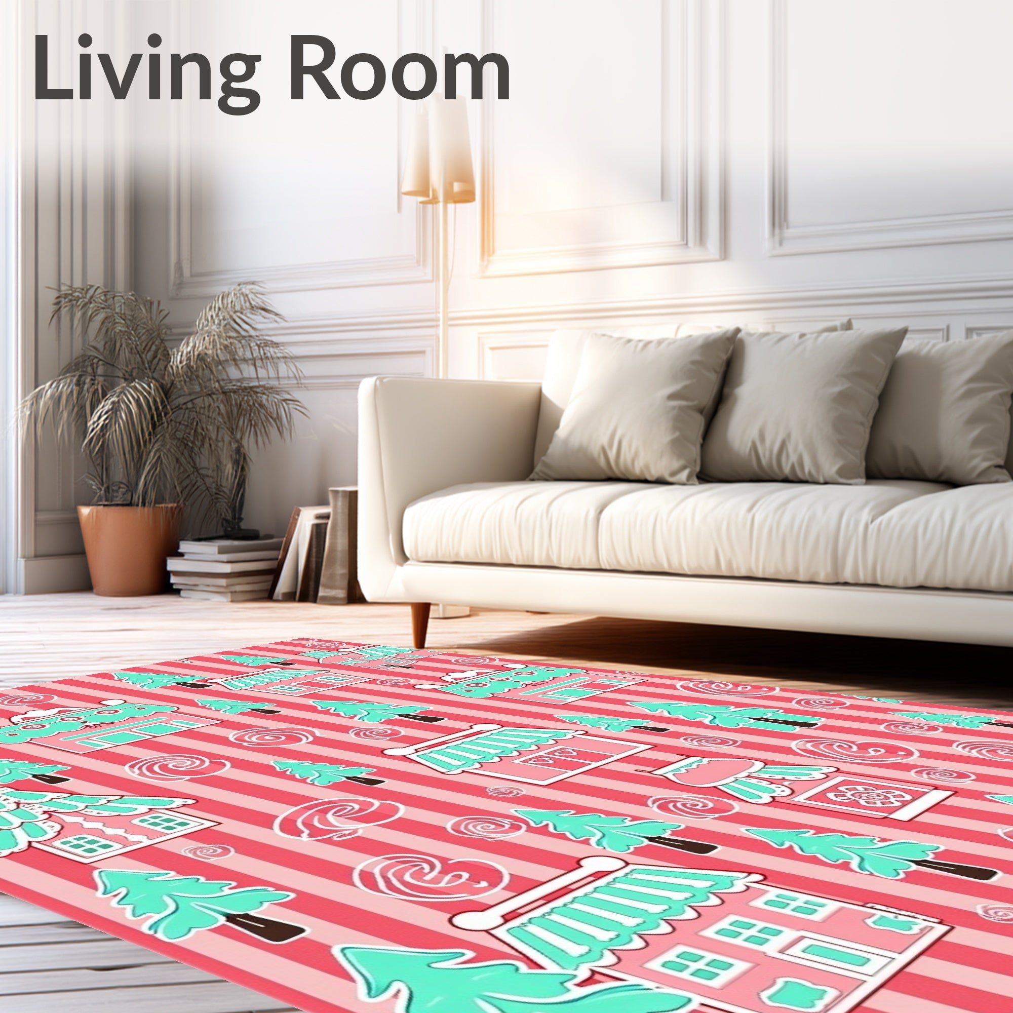 Whimsical Pink Turquoise Village Scene Rug