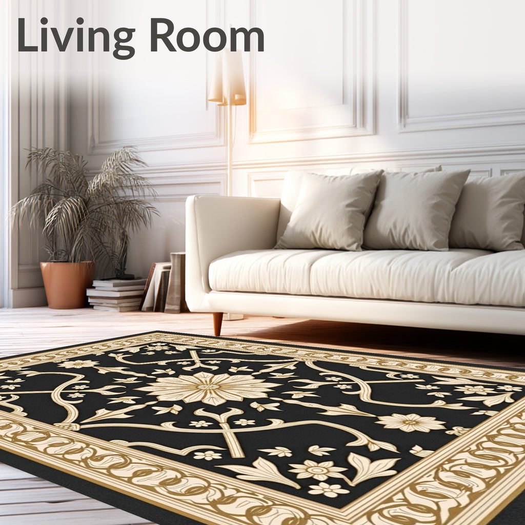 Ornate Black Gold Floral Medallion Border Rug