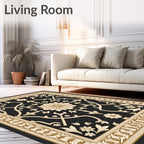 Ornate Black Gold Floral Medallion Border Rug