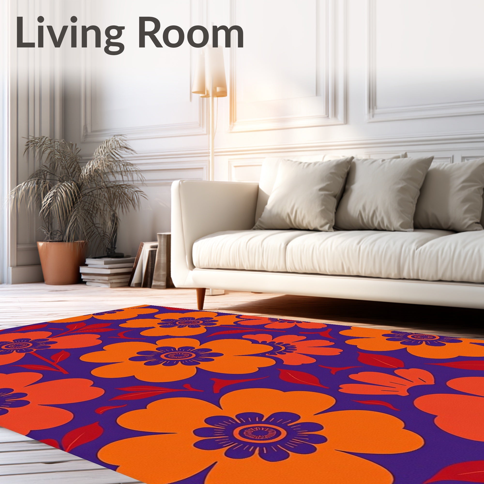 Bold Orange Floral Swirls on Deep Purple Rug