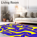 Electric Yellow Blue Curving Abstract Rug