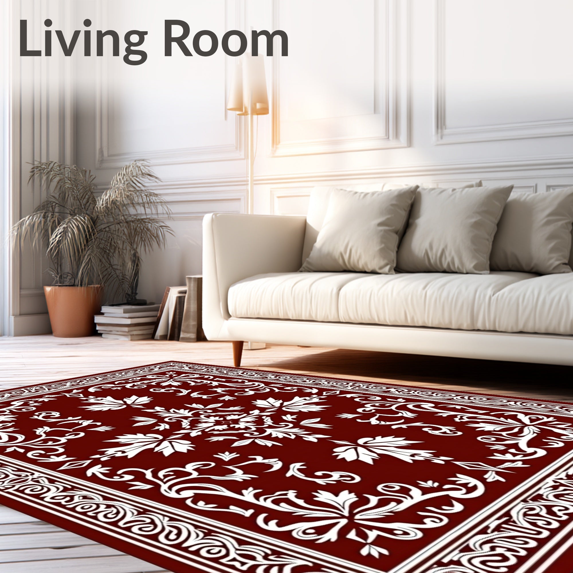 Rich Burgundy White Scroll Leaf Rug