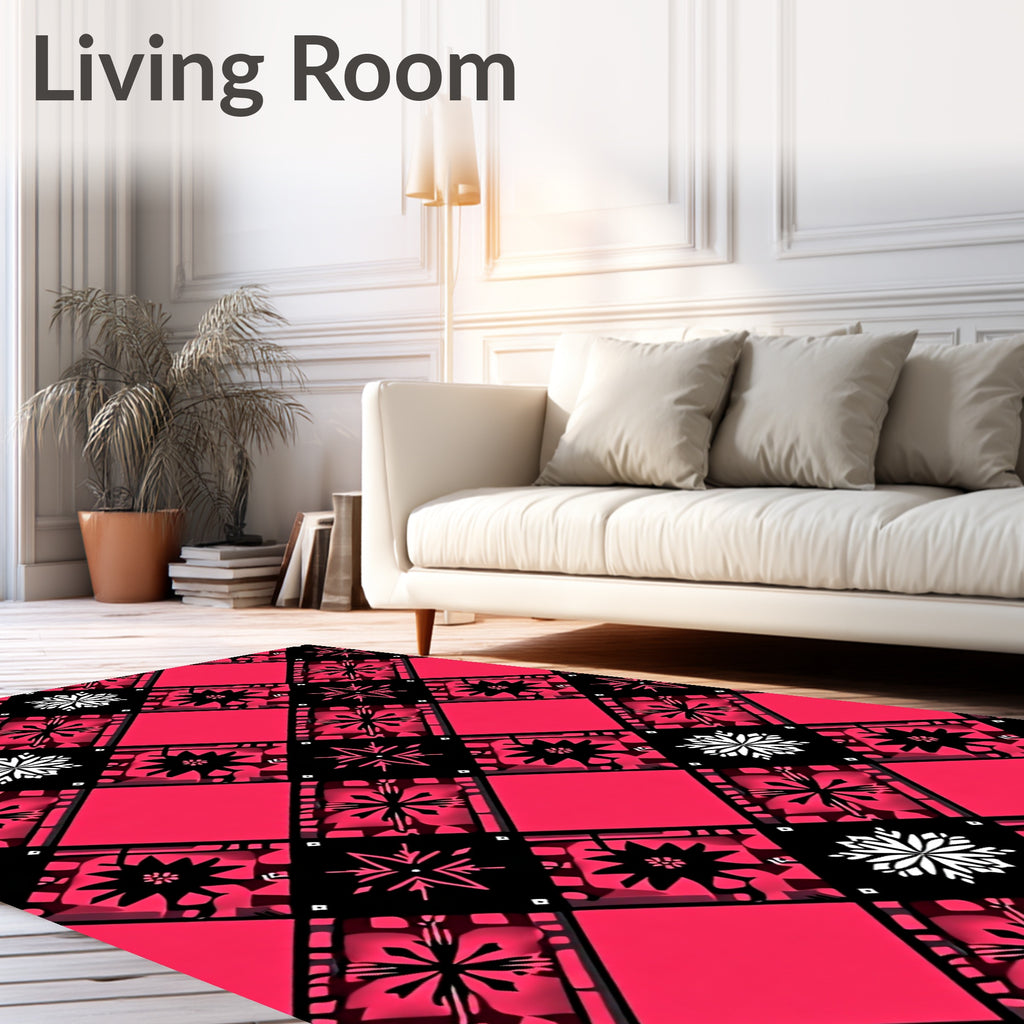 Bold Crimson Black Starburst Plaid Rug