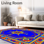 Vibrant Blue Red Golden Floral Medallion Rug