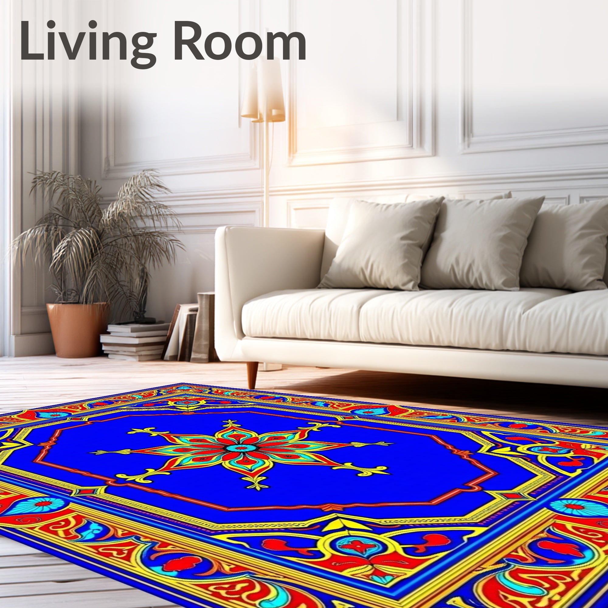 Vibrant Blue Red Golden Floral Medallion Rug